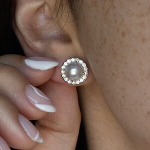 Silver Pearl Zirconia Crystal Stud Earrings, Bride Bridal Wedding Jewelry Gift